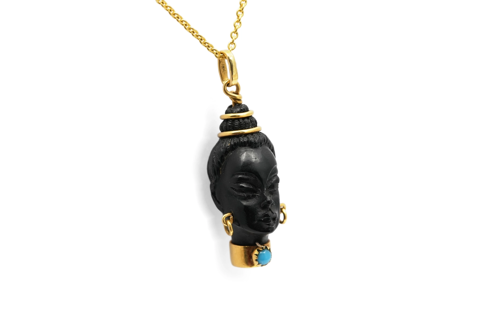 Pendentif années 70 en or jaune 18 carats et ébène serti d'une turquoise