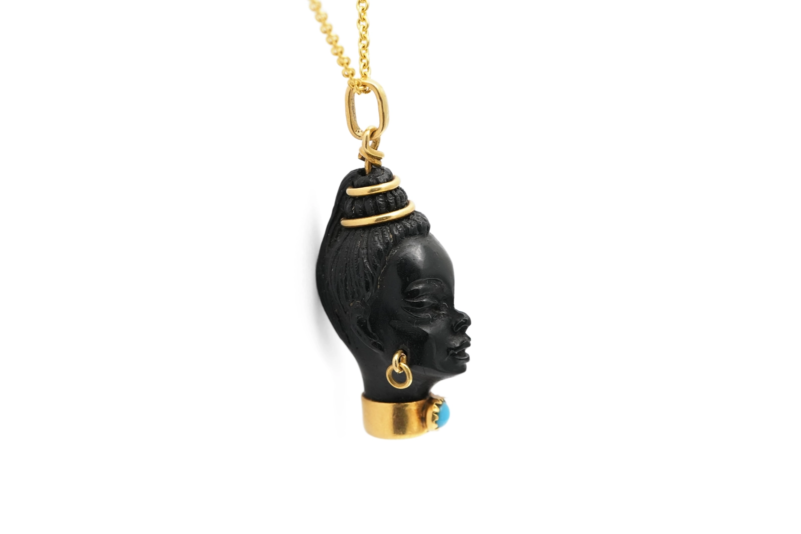 Pendentif années 70 en or jaune 18 carats et ébène serti d'une turquoise