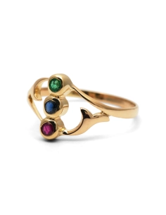 Bague contemporaine en or jaune 18 carats sertie d'une émeraude, d'un saphir et d'un rubis