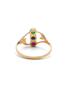 Bague contemporaine en or jaune 18 carats sertie d'une émeraude, d'un saphir et d'un rubis