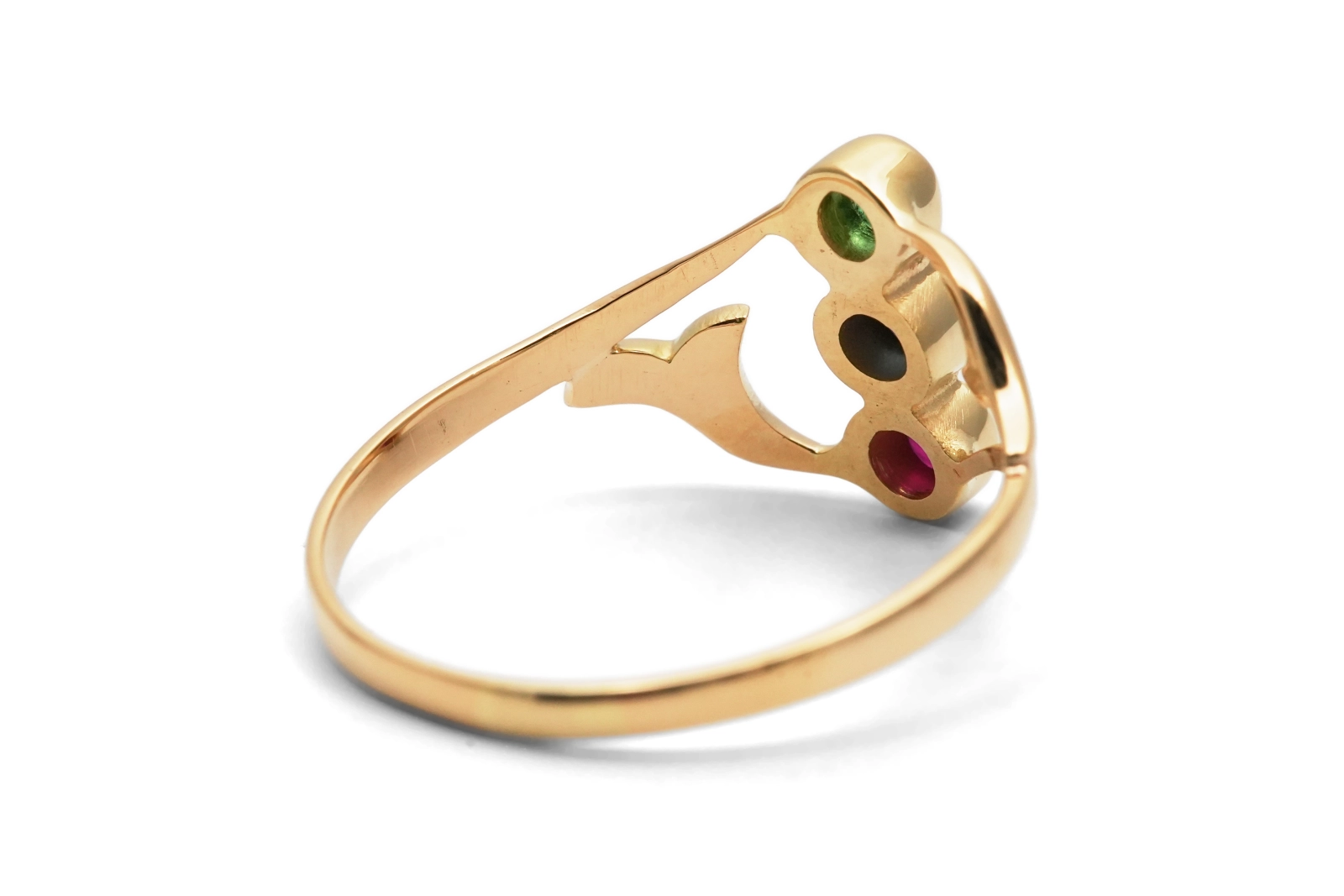 Bague contemporaine en or jaune 18 carats sertie d'une émeraude, d'un saphir et d'un rubis