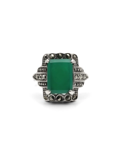 Bague contemporaine en argent 925 sertie d'une chrysocolle et de marcassites