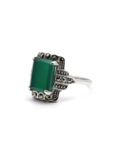 Bague contemporaine en argent 925 sertie d'une chrysocolle et de marcassites