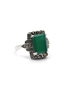 Bague contemporaine en argent 925 sertie d'une chrysocolle et de marcassites