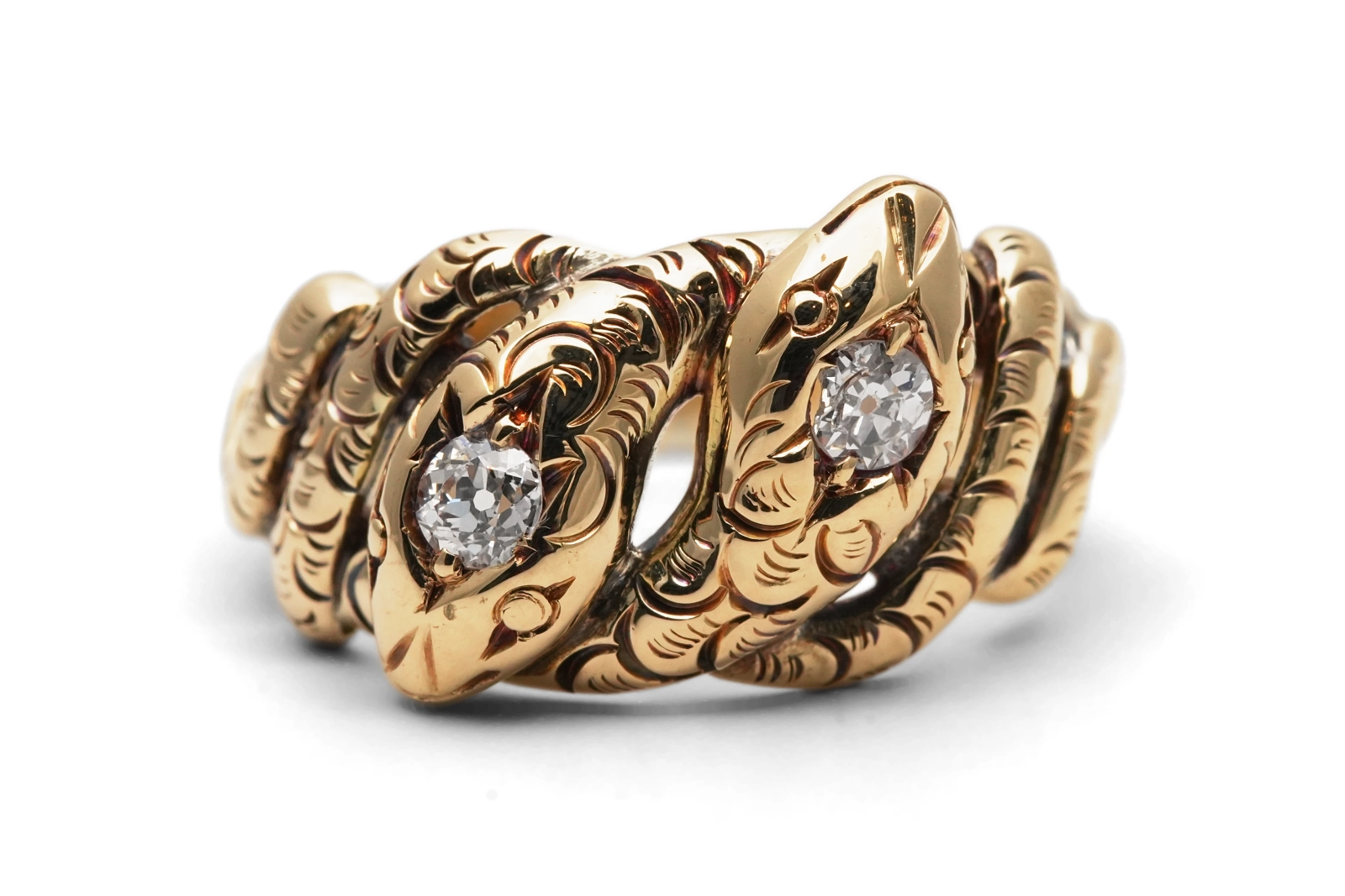 Bague serpent Art Nouveau en or jaune 14 carats sertie de diamants taille "Old cut"