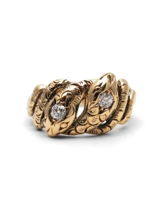 Bague serpent Art Nouveau en or jaune 14 carats sertie de diamants taille "Old cut"