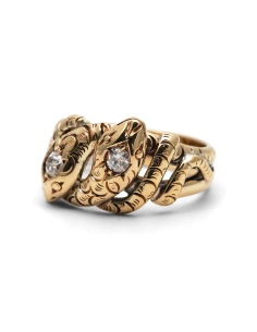 Bague serpent Art Nouveau en or jaune 14 carats sertie de diamants taille "Old cut"