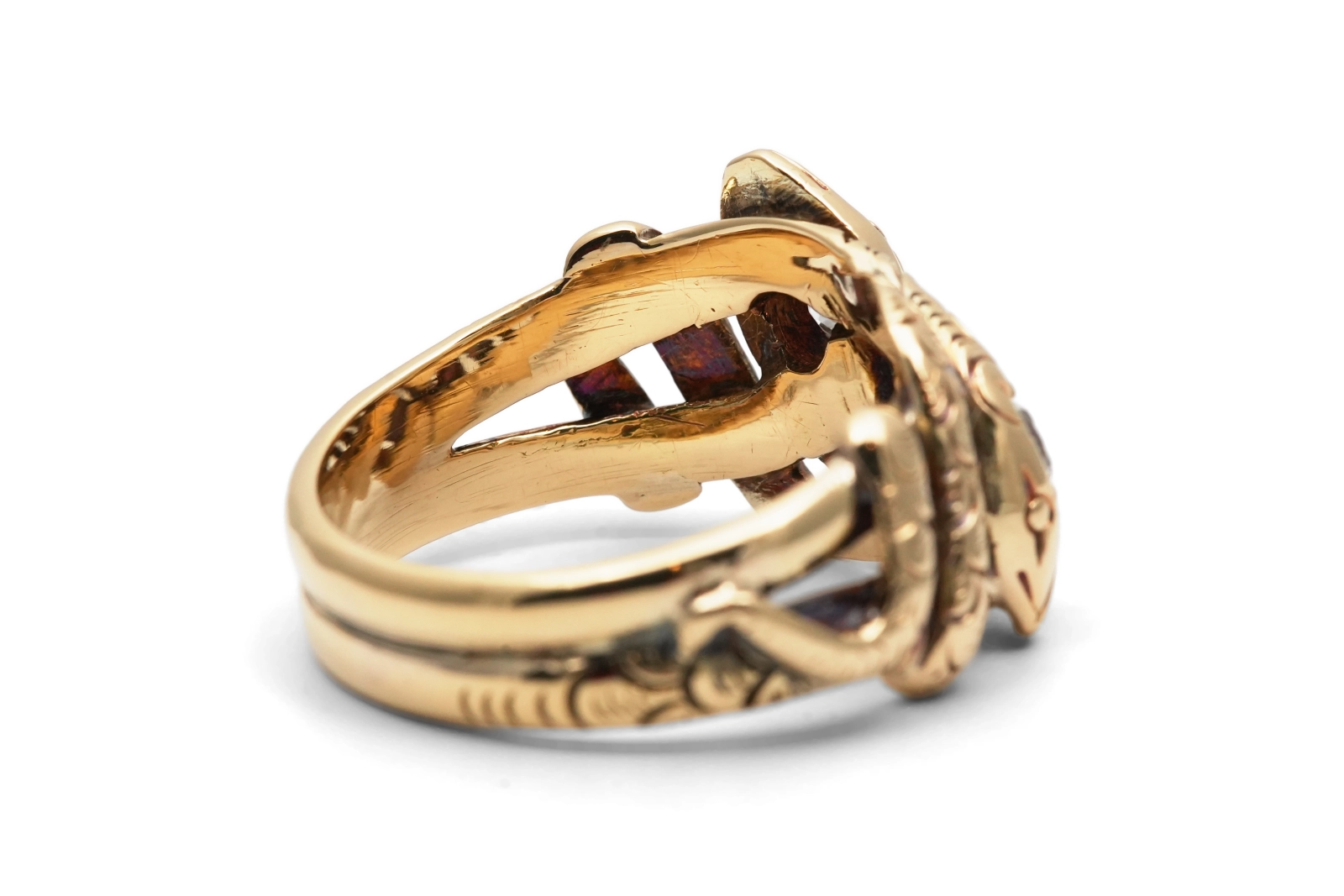 Bague serpent Art Nouveau en or jaune 14 carats sertie de diamants taille "Old cut"