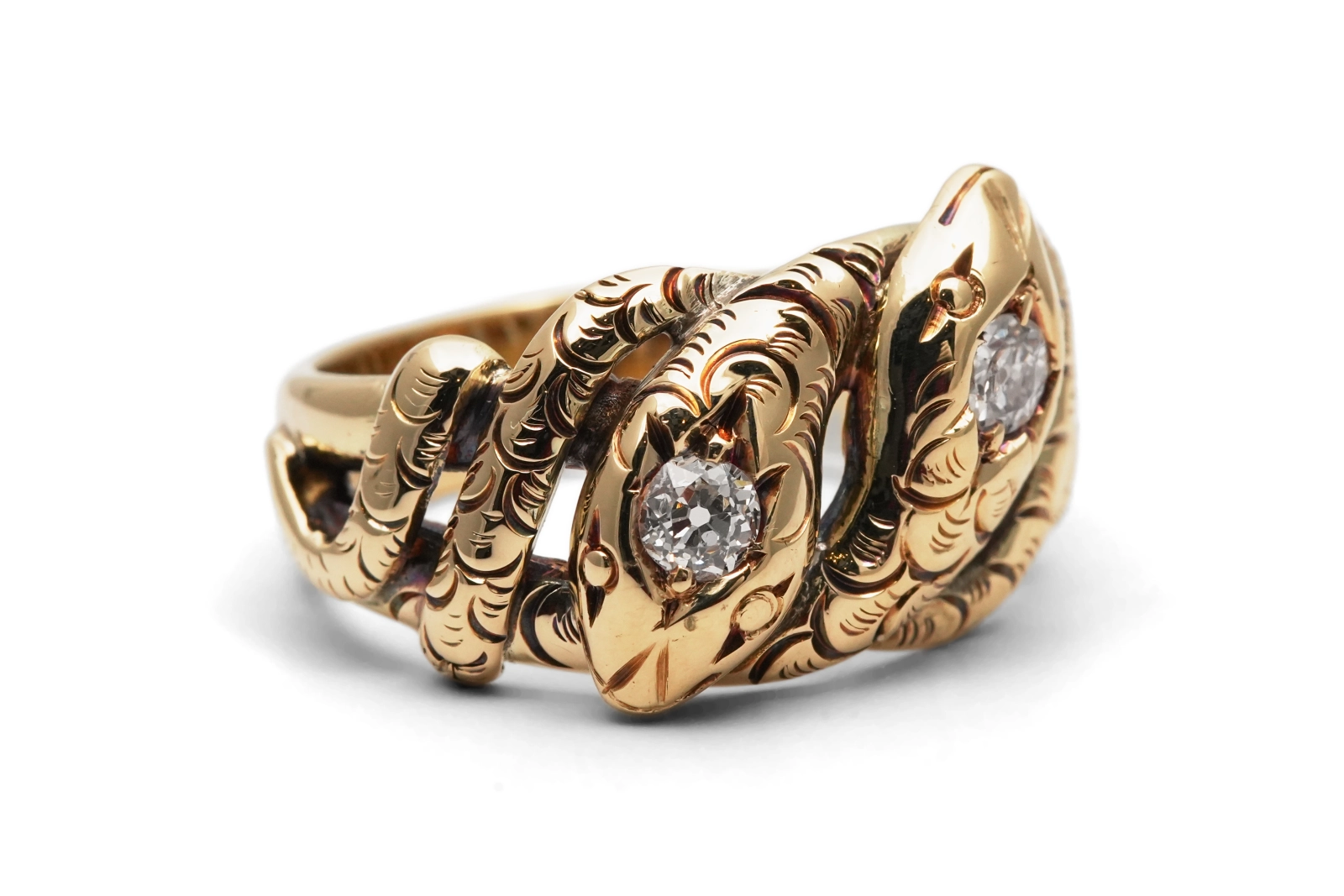 Bague serpent Art Nouveau en or jaune 14 carats sertie de diamants taille "Old cut"