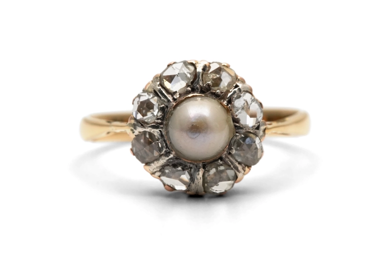 Bague Art Déco en or jaune 18 carats sertie d'une perle et de diamants taille "rose"