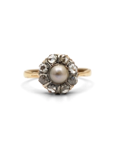 Bague Art Déco en or jaune 18 carats sertie d'une perle et de diamants taille "rose"