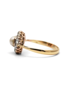 Bague Art Déco en or jaune 18 carats sertie d'une perle et de diamants taille "rose"