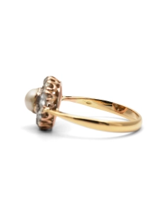 Bague Art Déco en or jaune 18 carats sertie d'une perle et de diamants taille "rose"