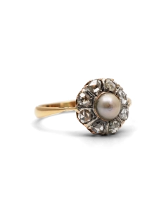 Bague Art Déco en or jaune 18 carats sertie d'une perle et de diamants taille "rose"