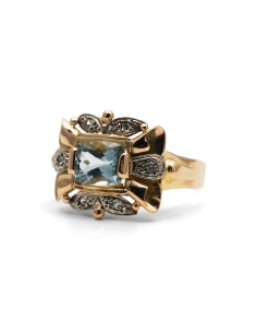 Bague Art Déco en or jaune 18 carats sertie d'une aigue marine et de diamants taille "8/8"