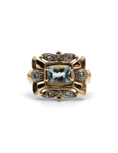 Bague Art Déco en or jaune 18 carats sertie d'une aigue marine et de diamants taille "8/8"