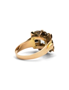 Bague Art Déco en or jaune 18 carats sertie d'une aigue marine et de diamants taille "8/8"