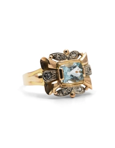 Bague Art Déco en or jaune 18 carats sertie d'une aigue marine et de diamants taille "8/8"