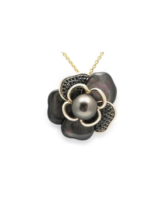 Pendentif fleur contemporain en or jaune 9 carats serti d'une perle, de nacre et de zirconiums noirs