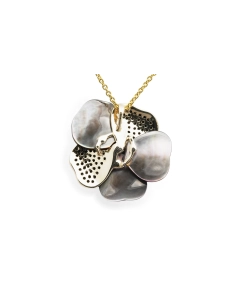 Pendentif fleur contemporain en or jaune 9 carats serti d'une perle, de nacre et de zirconiums noirs