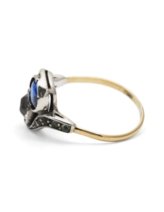 Bague Art Nouveau en or jaune 18 carats et argent sertie d'un saphir de synthèse et de strass