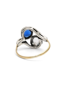 Bague Art Nouveau en or jaune 18 carats et argent sertie d'un saphir de synthèse et de strass