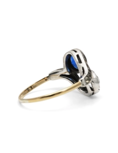 Bague Art Nouveau en or jaune 18 carats et argent sertie d'un saphir de synthèse et de strass