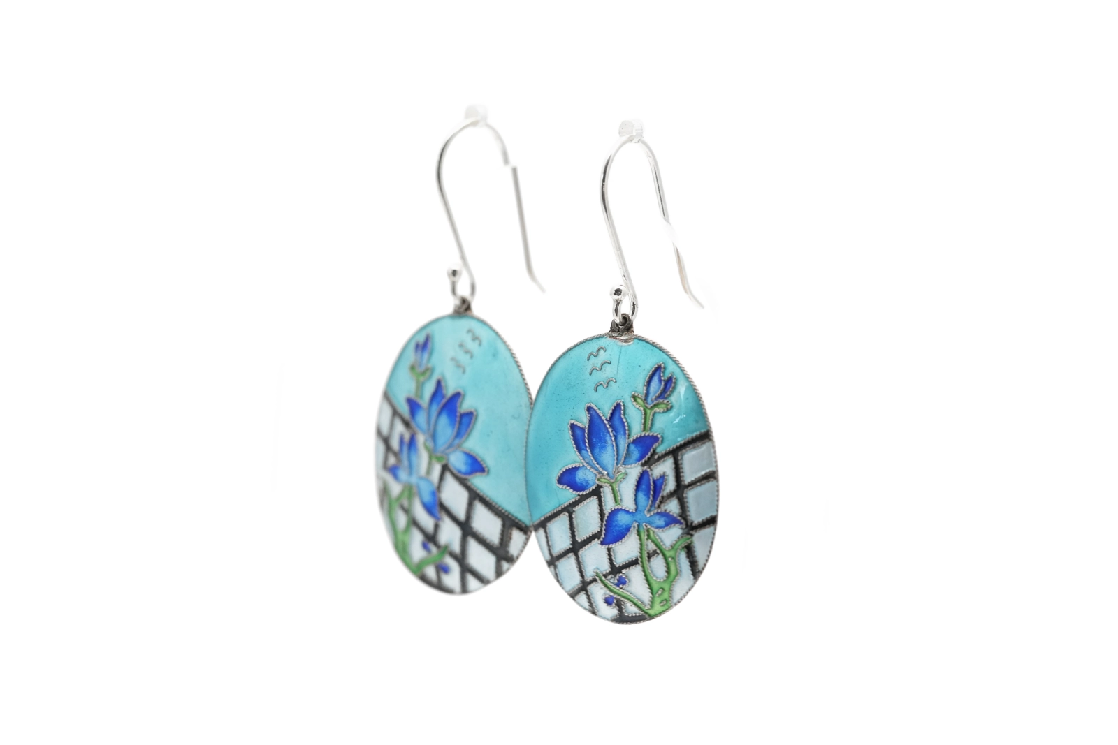 Boucles d'oreilles Années 70 en argent 925 serties d'émail