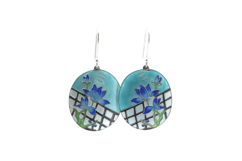 Boucles d'oreilles Années 70 en argent 925 serties d'émail