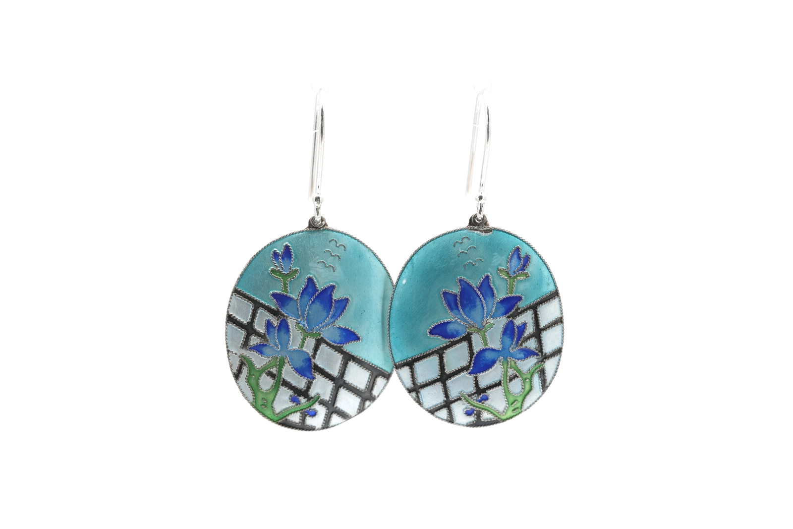Boucles d'oreilles Années 70 en argent 925 serties d'émail