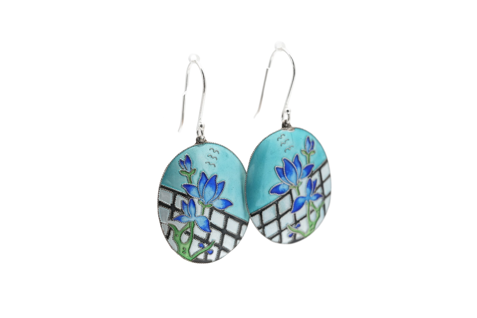 Boucles d'oreilles Années 70 en argent 925 serties d'émail
