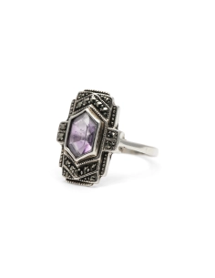 Bague contemporaine en argent 925 sertie d'une améthyste et de marcassites