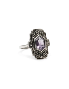 Bague contemporaine en argent 925 sertie d'une améthyste et de marcassites
