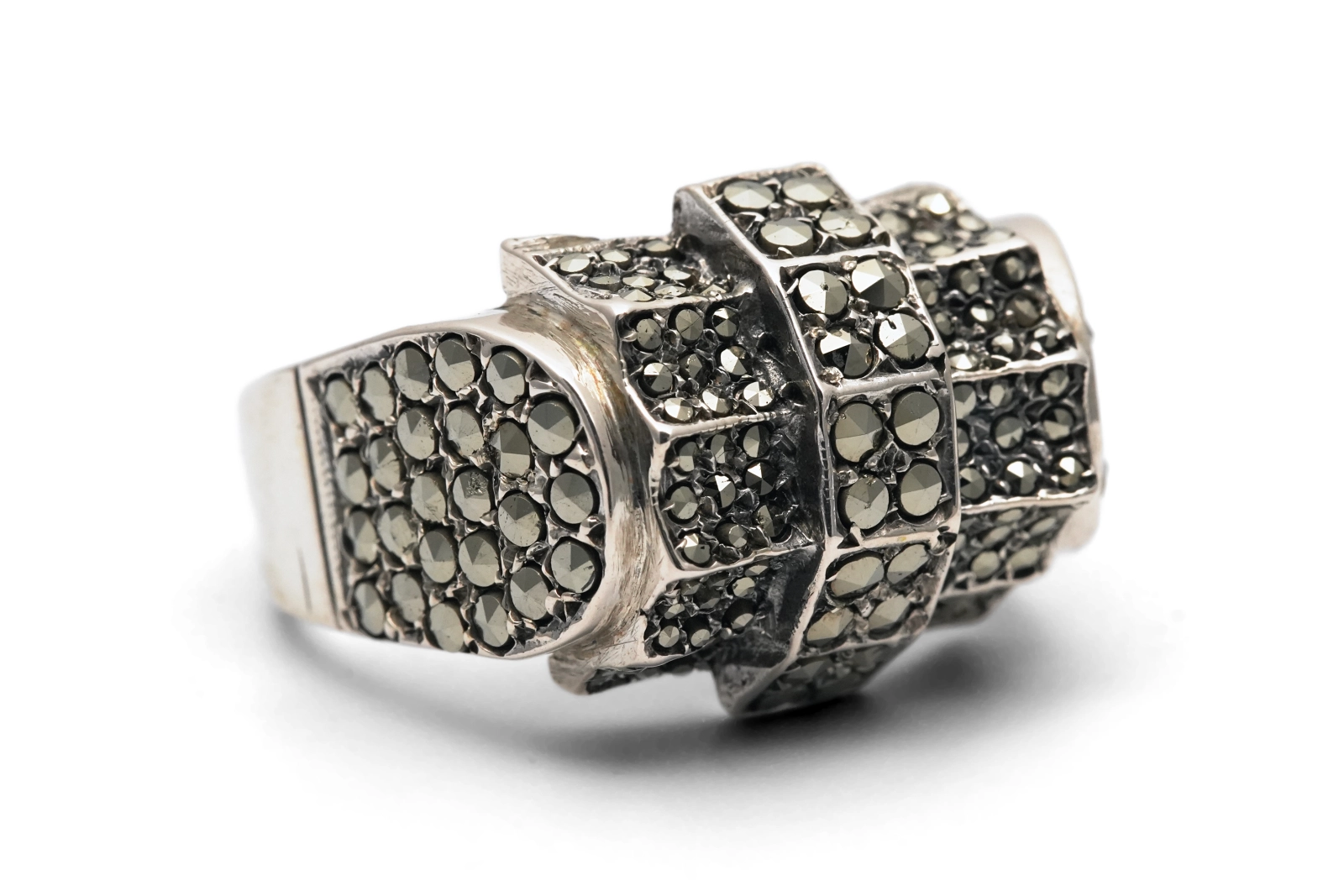 Bague Tank Art Déco en argent 835 sertie de marcassites