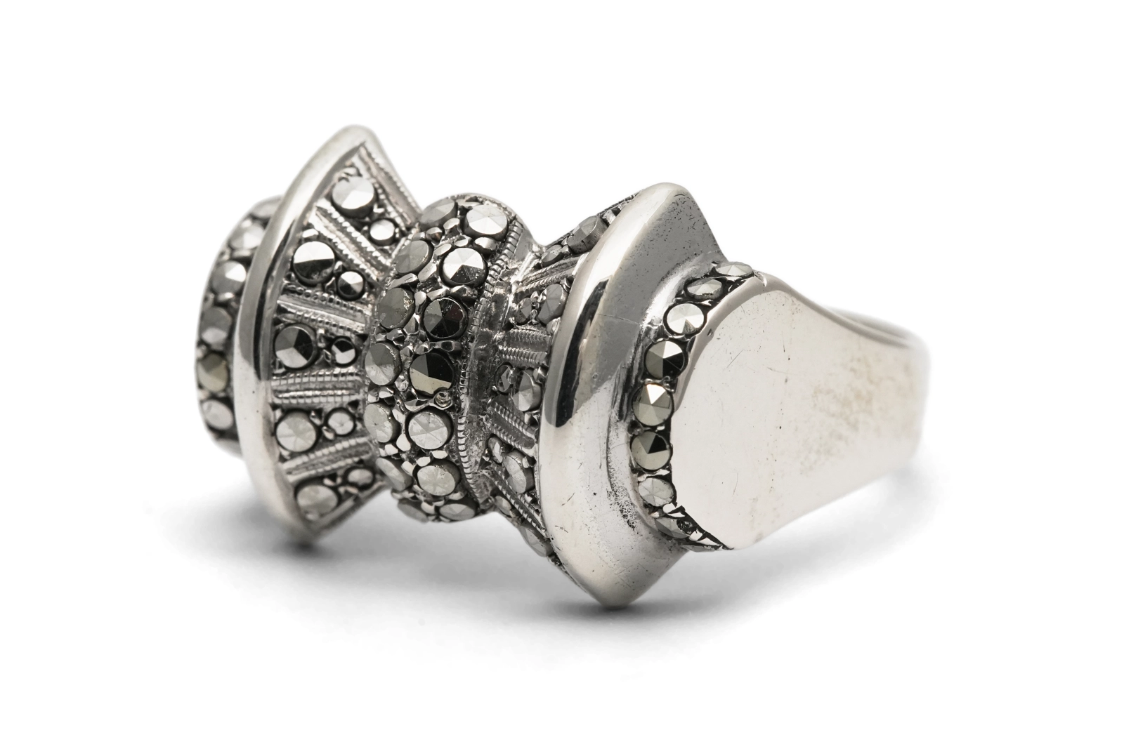 Bague Tank Art Déco en argent 835 sertie de marcassites