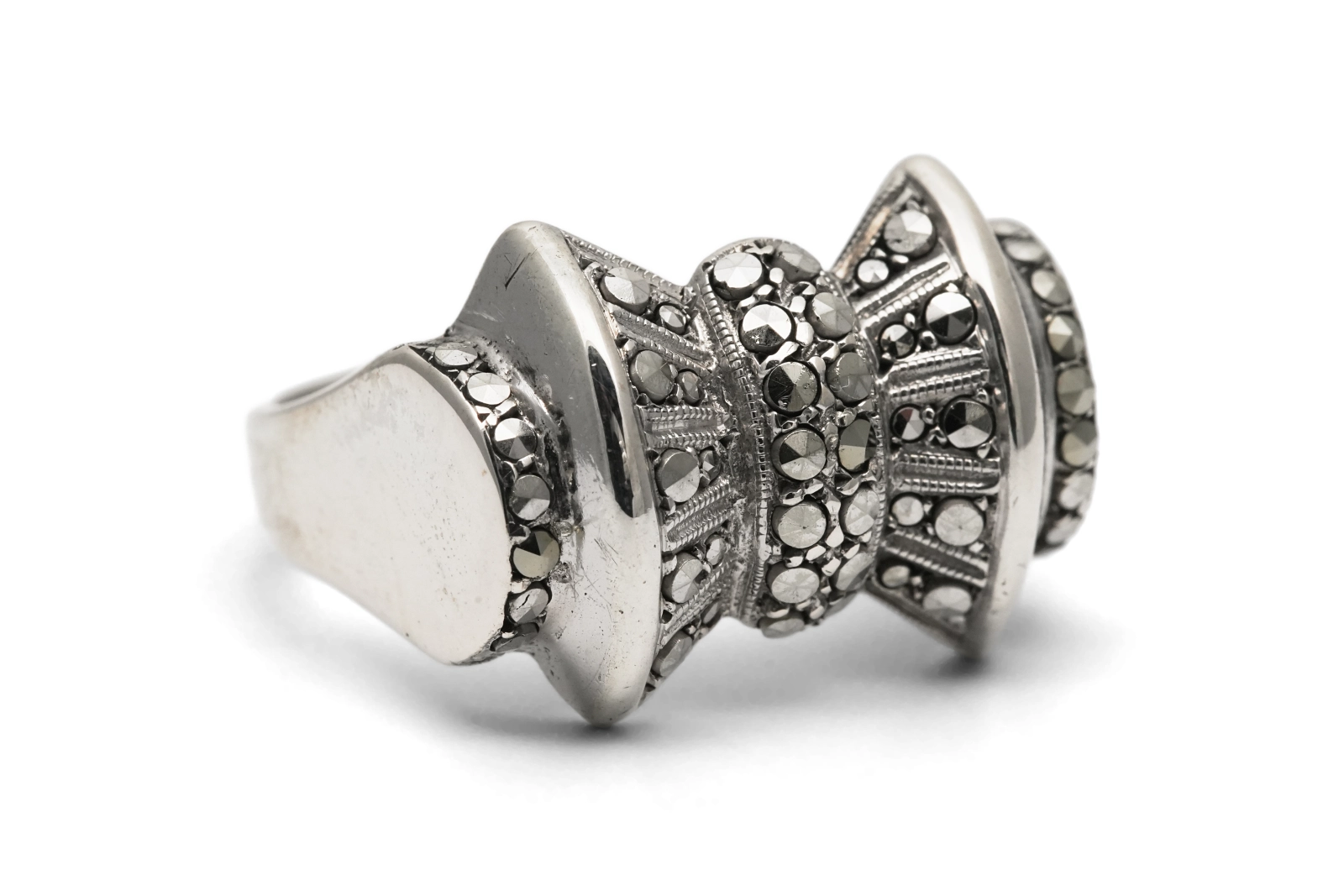 Bague Tank Art Déco en argent 835 sertie de marcassites