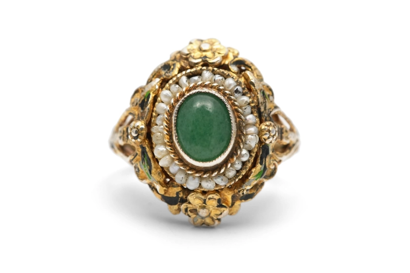 Bague Art Déco en argent et vermeil sertie d'une aventurine et de perles