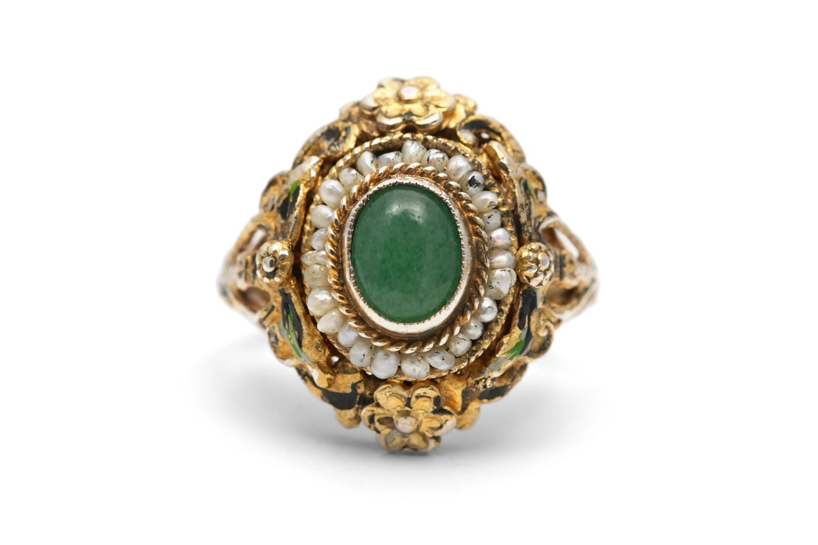 Bague Art Déco en argent et vermeil sertie d'une aventurine et de perles