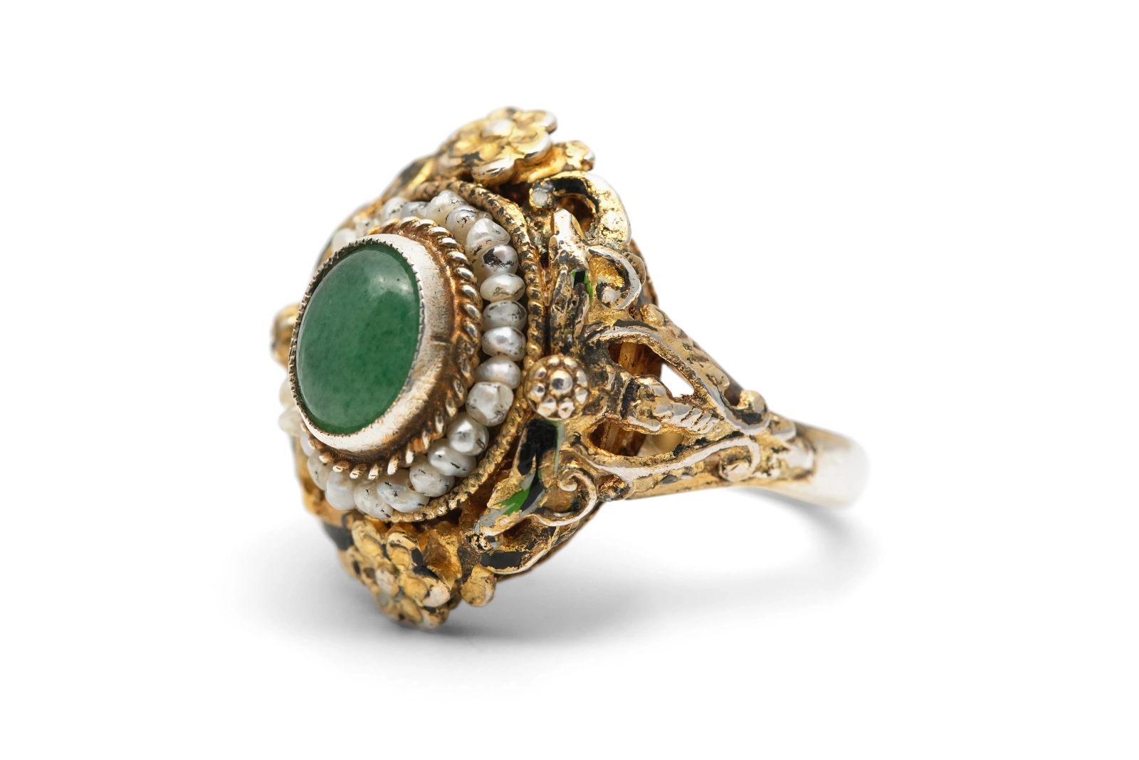 Bague Art Déco en argent et vermeil sertie d'une aventurine et de perles