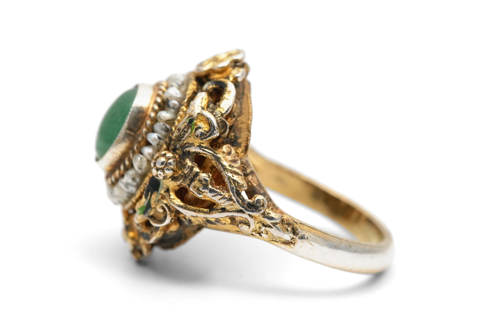 Bague Art Déco en argent et vermeil sertie d'une aventurine et de perles