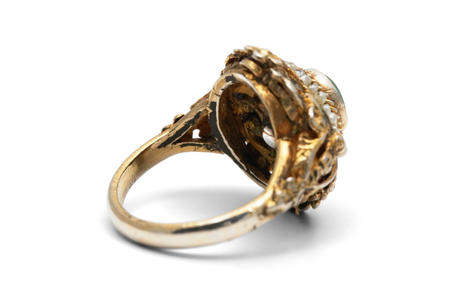 Bague Art Déco en argent et vermeil sertie d'une aventurine et de perles