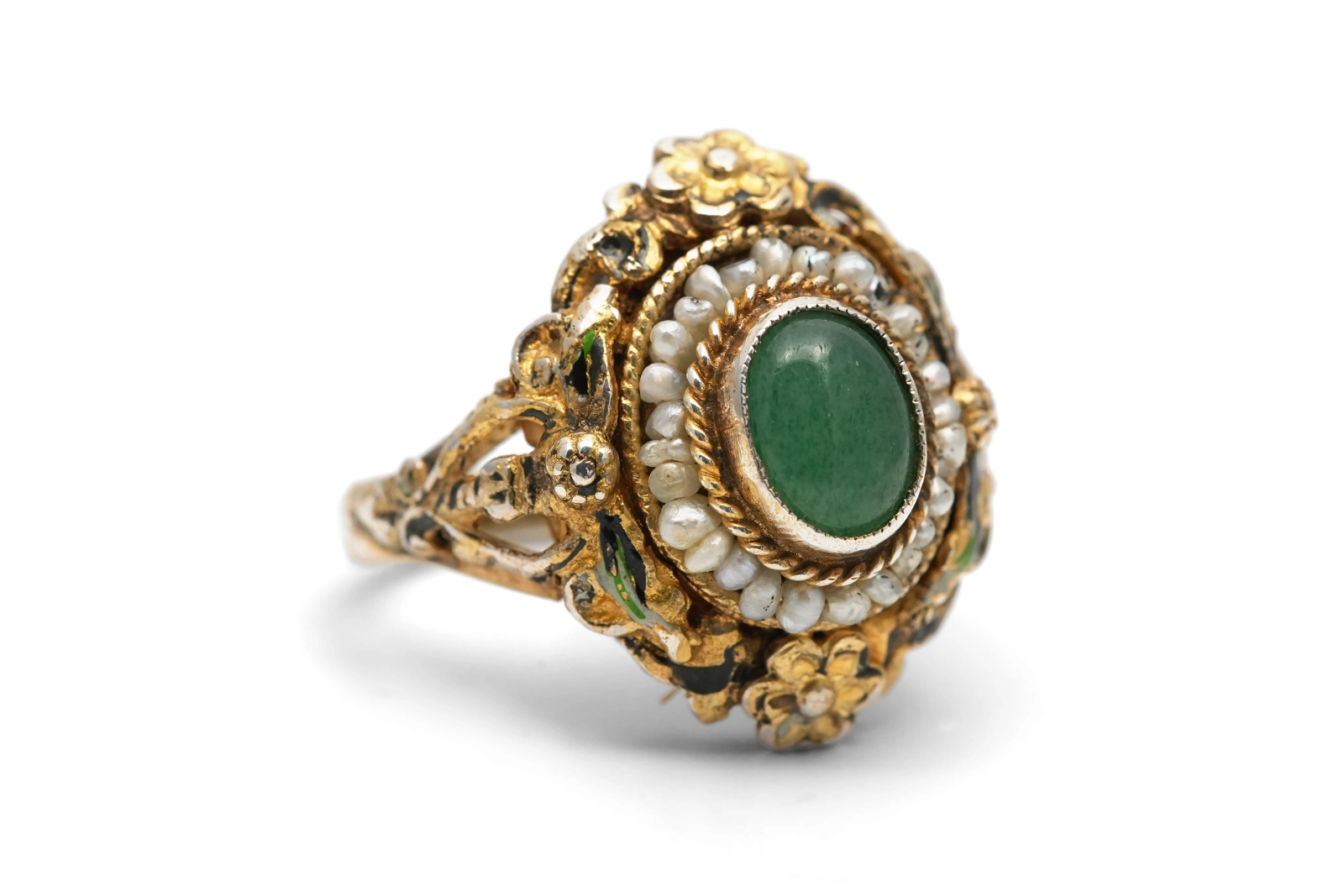 Bague Art Déco en argent et vermeil sertie d'une aventurine et de perles