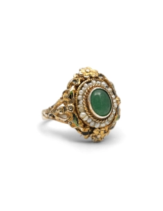 Bague Art Déco en argent et vermeil sertie d'une aventurine et de perles
