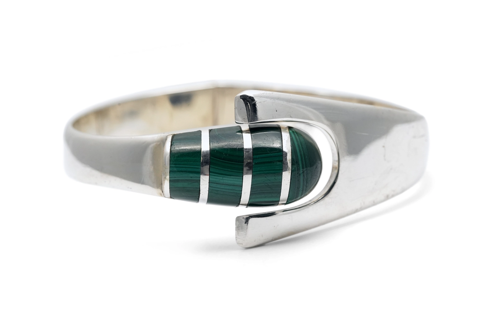 Bracelet Années 70 en argent 925 serti de malachites