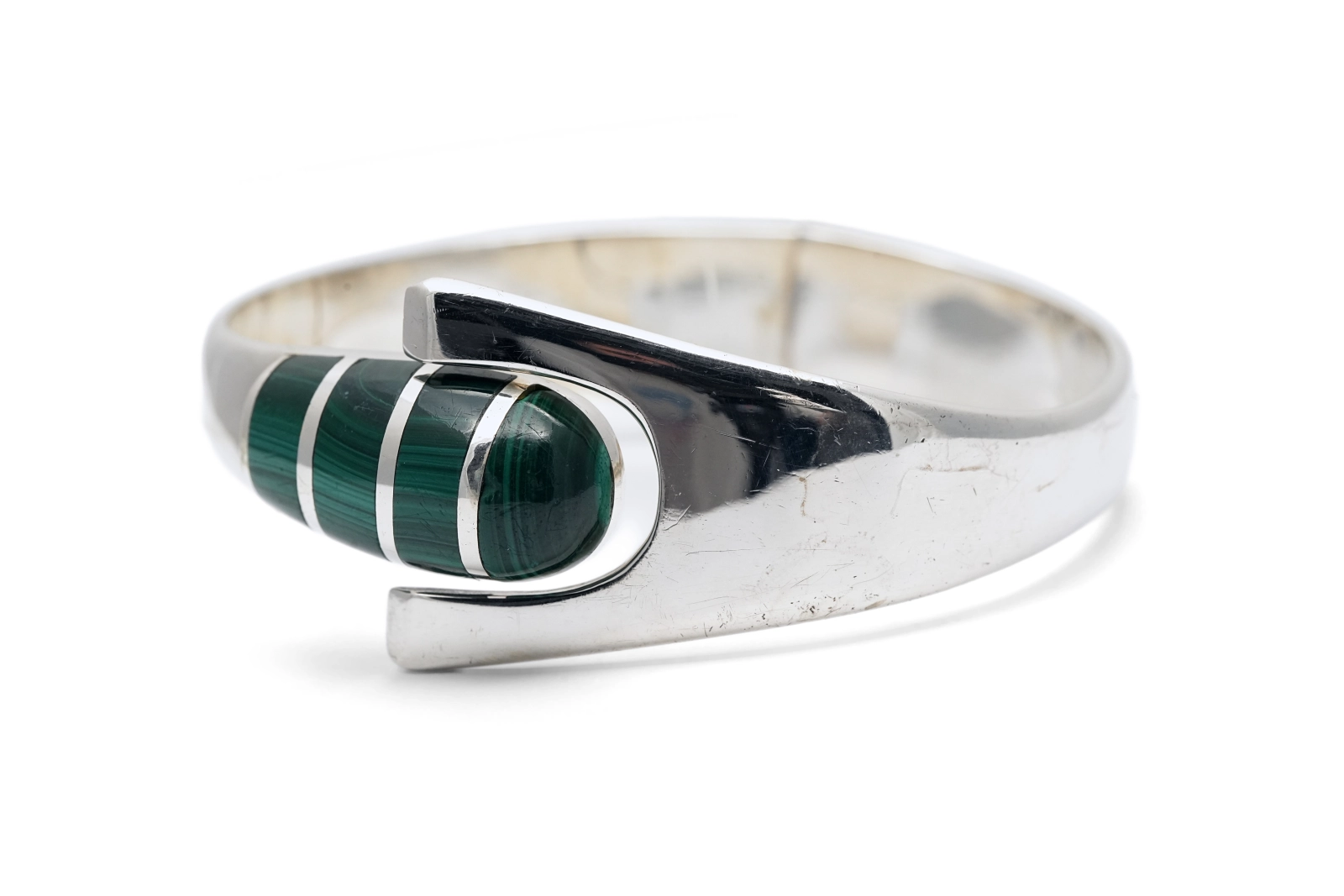 Bracelet Années 70 en argent 925 serti de malachites