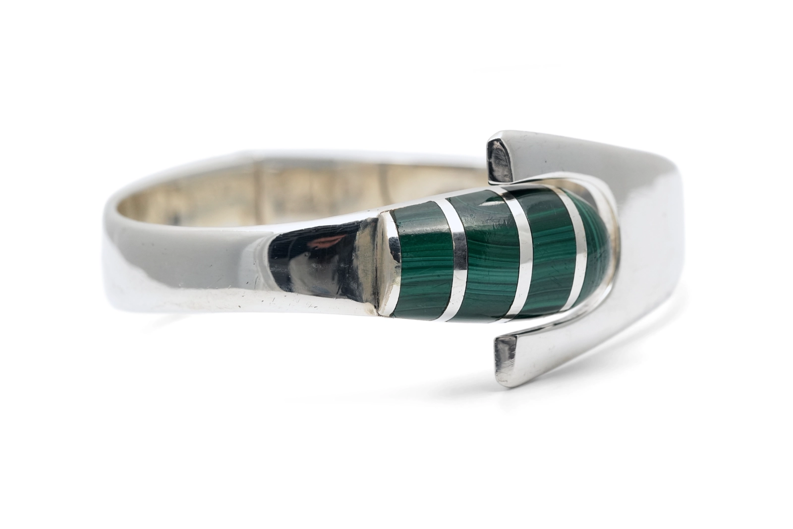 Bracelet Années 70 en argent 925 serti de malachites